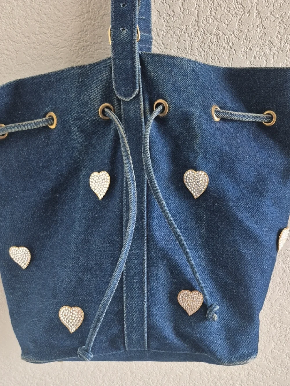 Sepcoeur Paris Denim Bucket Drawstring Bucket Bag with Heart Studs - Blue - Picture 2 of 15